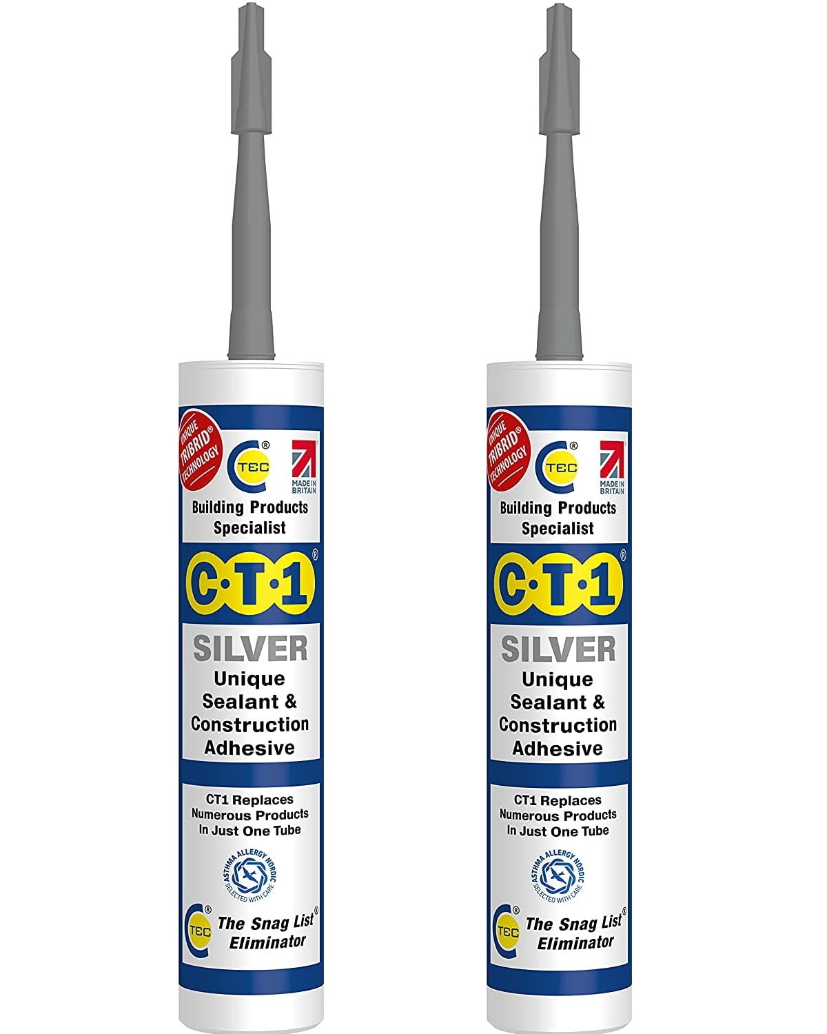CT1 Clear TRIBRID Multi-Purpose Sealant & Adhesive - 2 Pack - Bathroom, Shower & Window Sealant - Odourless - Anti Mould Waterproofing Sealant Adhesive - Vibration Resistant & Flexible - 290ml
